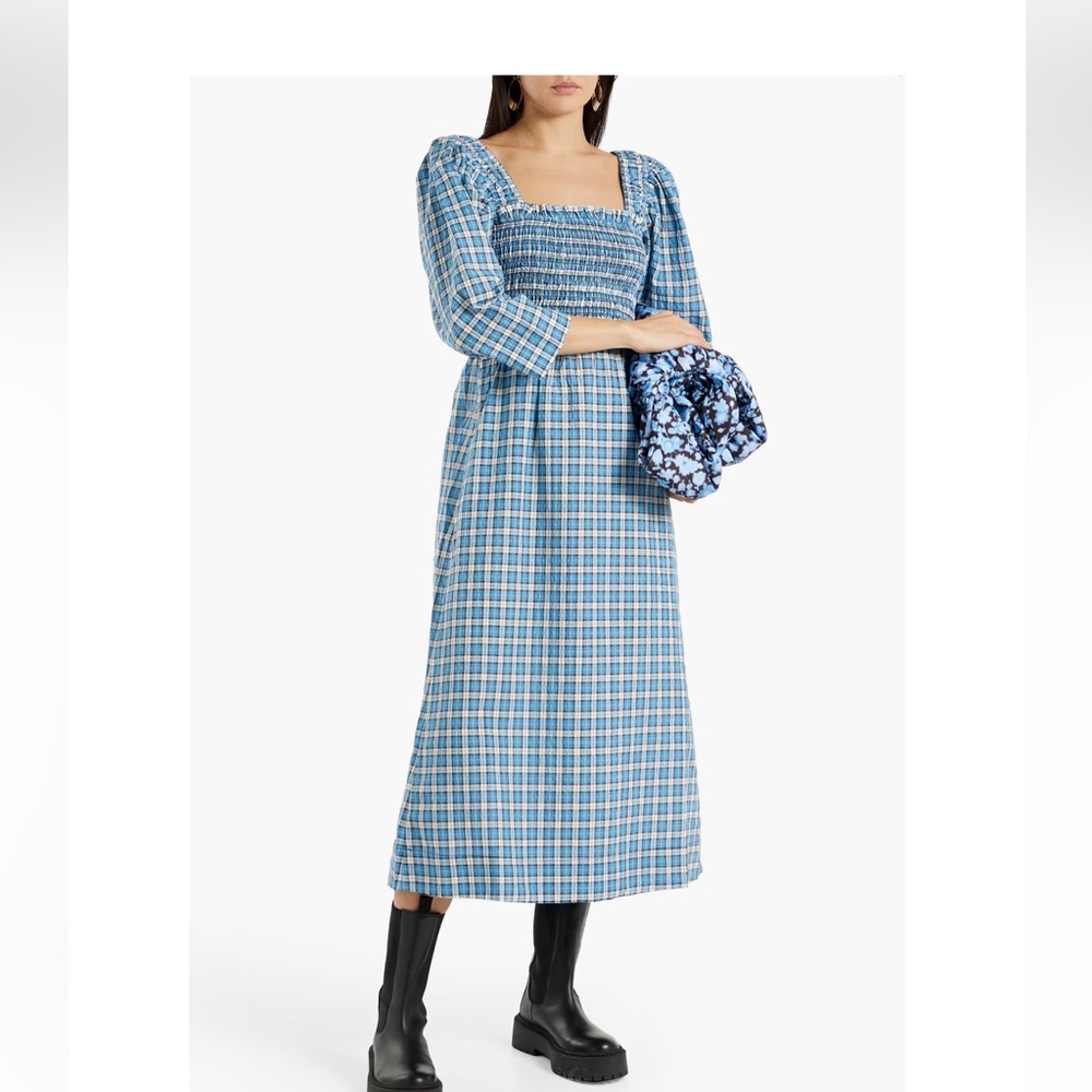 GANNI plaid smocked square neck dress size 40